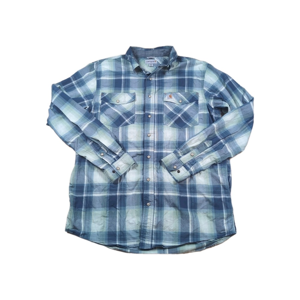 Carhartt Pearl Snap Shirt Mens Tall L 104443 DBL Long Sleeve Relaxed-Fit Plaid - Picture 5 of 8